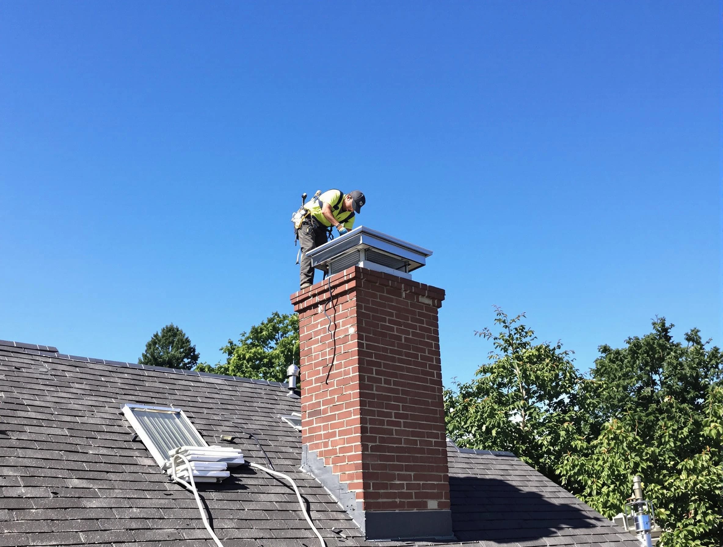 Frederick Chimney Sweep technician measuring a chimney cap in Frederick, CO